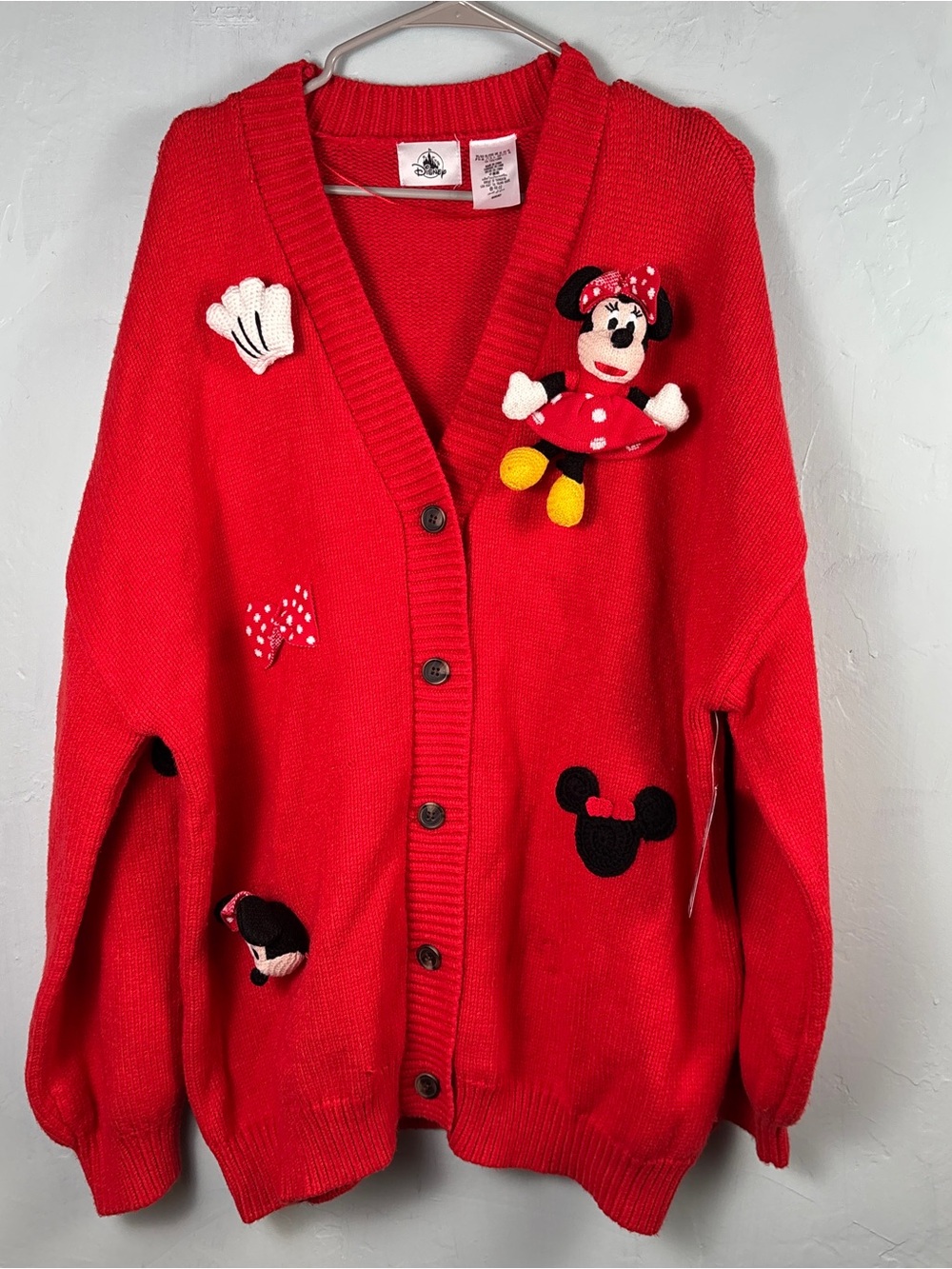 Disney Red Minnie Mouse Embellished Women's Cardigan Sweater w/ Plush Minnie